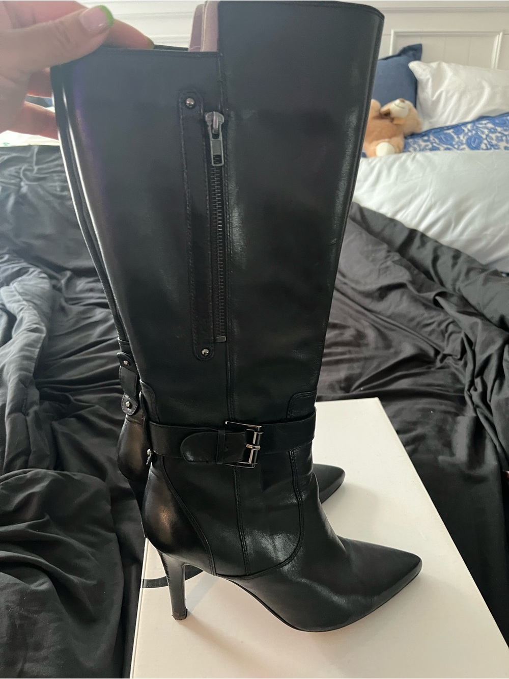 Nine West Black Pointed Toe Knee-High Stiletto Boots - Picture 4 of 10